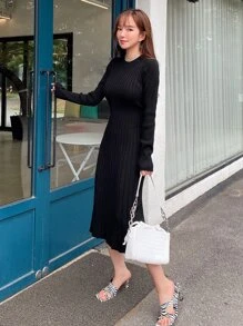 DAZY Ladies áo len váy Gân đan màu trơn Thanh lịch - màu đen - Xem 7