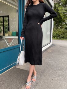 DAZY Ladies áo len váy Gân đan màu trơn Thanh lịch - màu đen - Xem 8