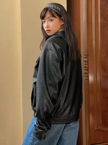 DAZY Chaqueta de PU con bolsillo con solapa y hombros caídos, ropa de mujer de otoño - Negro - Ver 2