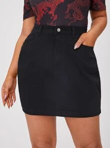 SHEIN EZwear Falda en mezclilla de talle alto - Negro - Ver 1
