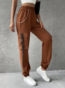 SHEIN Coolane Pantalones cargo con bolsillo con solapa cinta con hebilla con cadena - Marrón - Ver 6