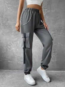 SHEIN Coolane Flap Pocket Buckle Tape Cargo Pants With Chain - Dark Grey - View 1