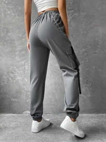 SHEIN Coolane Flap Pocket Buckle Tape Cargo Pants With Chain - Dark Grey - View 2