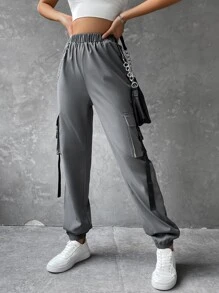 SHEIN Coolane Flap Pocket Buckle Tape Cargo Pants With Chain - Dark Grey - View 3