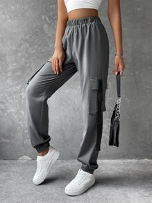 SHEIN Coolane Flap Pocket Buckle Tape Cargo Pants With Chain - Dark Grey - View 4