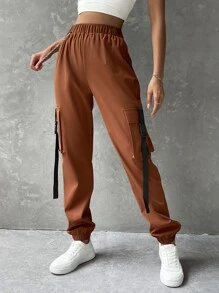 SHEIN Coolane Pantalones cargo con bolsillo con solapa cinta con hebilla con cadena - Marrón - Ver 3
