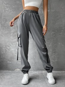 SHEIN Coolane Flap Pocket Buckle Tape Cargo Pants With Chain - Dark Grey - View 5