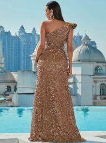 Missord Asymmetrical Neck Ruffle Trim Sequins Prom Dress Elegant Formal Evening Wedding Guest Gown, For Graduation, Dinner Party Dress