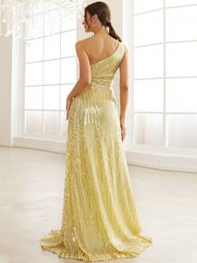 Missord One Shoulder Split Thigh Sequins Prom Dress - Yellow - View 2