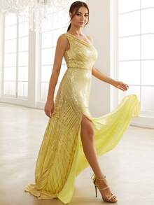 Missord One Shoulder Split Thigh Sequins Prom Dress - Yellow - View 3