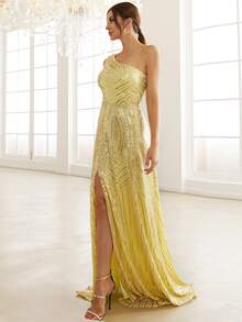Missord One Shoulder Split Thigh Sequins Prom Dress - Yellow - View 8