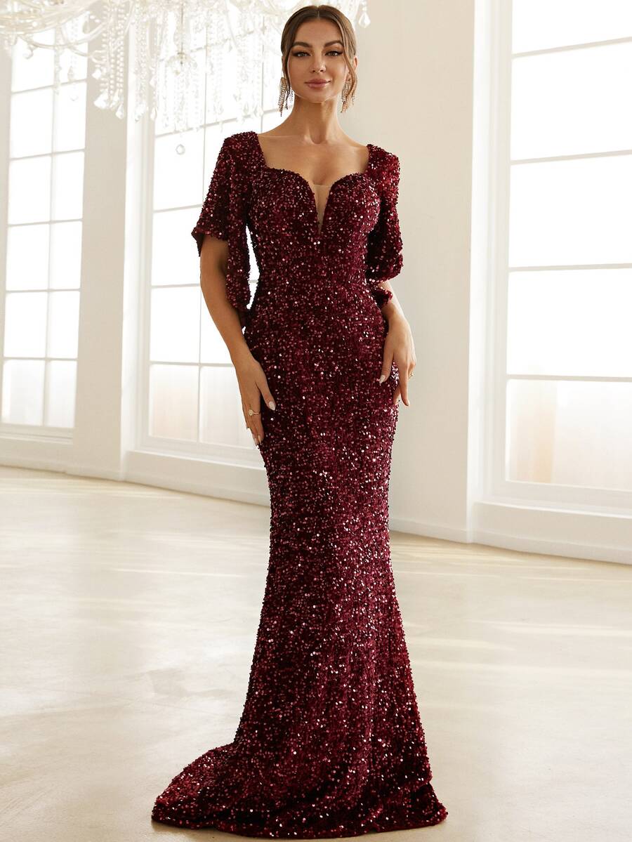 Missord Sweetheart Neck Sequins Prom Dress - Maroon - View 1