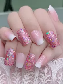 立即升級您造型，24入組長方形粘亮片白色漸變完全覆蓋假指甲，適合女士和女孩 - 彩色 - 查看 1