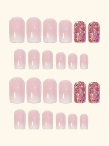 立即升級您造型，24入組長方形粘亮片白色漸變完全覆蓋假指甲，適合女士和女孩 - 彩色 - 查看 3