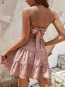 SHEIN Frenchy Đầm Lộ Lưng Viên lá sen Buộc lại Họa tiết hoa Boho - Nhiều màu - Xem 1