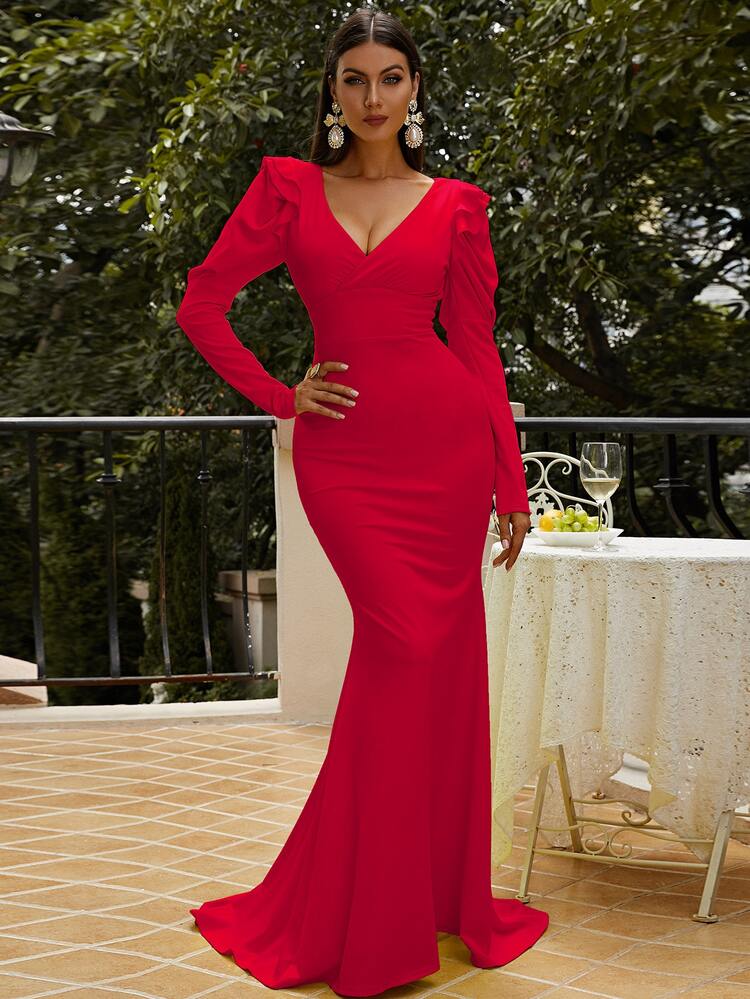 Missord Plunging Neck Gigot Sleeve Mermaid Prom Dress - Red - View 1