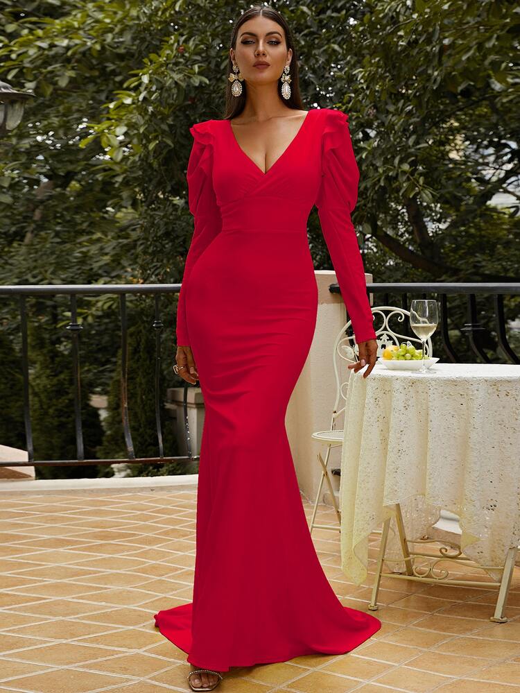 Missord Plunging Neck Gigot Sleeve Mermaid Prom Dress - Red - View 5