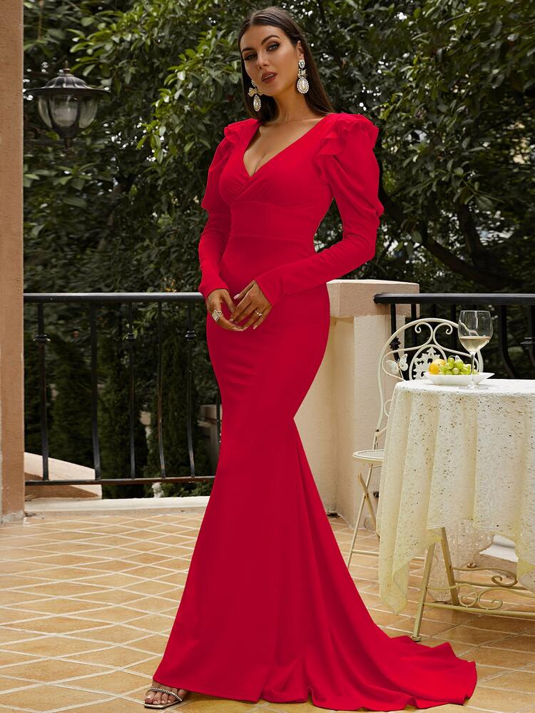 Missord Plunging Neck Gigot Sleeve Mermaid Prom Dress - Red - View 6