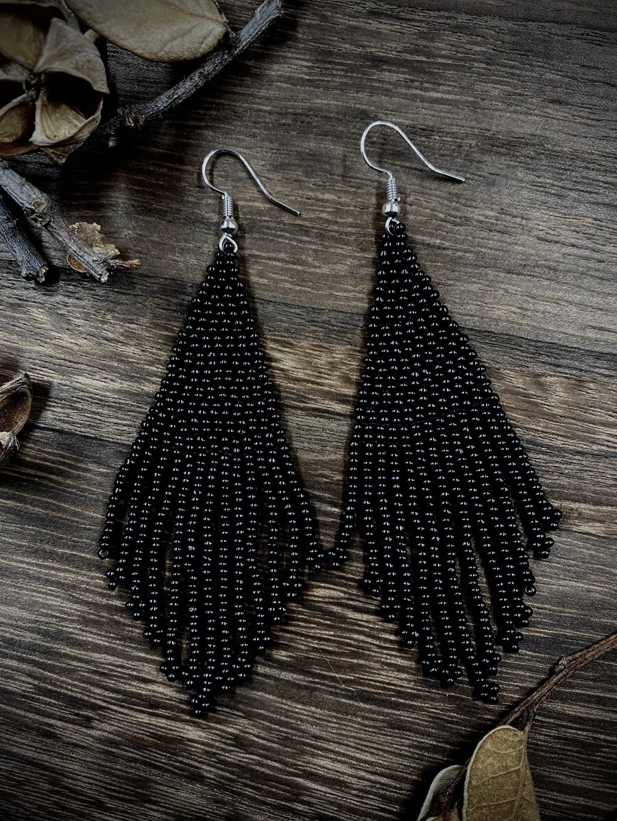 Beaded Tassel Drop Earrings - Black - View 1