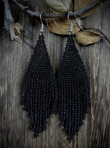 Beaded Tassel Drop Earrings - Black - View 2