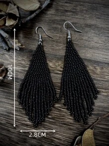 Beaded Tassel Drop Earrings - Black - View 4