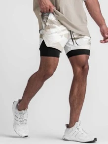 Manfinity Sport Corelite Boyfriend Style Men Graphic Print Drawstring Waist 2 In 1 Sports Shorts With Phone Pocket Gym Shorts - Multicolor - View 1