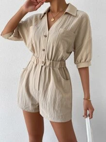 SHEIN LUNE Mono con doble bolsillo de hombros caídos - Caqui - Ver 4