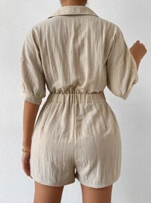 SHEIN LUNE Mono con doble bolsillo de hombros caídos - Caqui - Ver 2