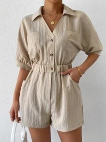 SHEIN LUNE Mono con doble bolsillo de hombros caídos - Caqui - Ver 1