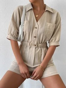 SHEIN LUNE Mono con doble bolsillo de hombros caídos - Caqui - Ver 5