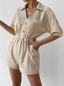 SHEIN LUNE Mono con doble bolsillo de hombros caídos - Caqui - Ver 6