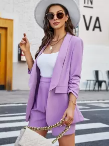 SHEIN Privé Shawl Collar Ruched Cuff Blazer & High Waist Shorts - Lilac Purple - View 1