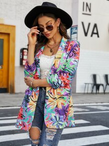SHEIN LUNE Floral Print Shawl Collar Ruched Sleeve Blazer - Multicolor - View 1