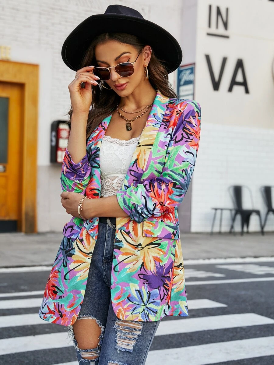 SHEIN LUNE Floral Print Shawl Collar Ruched Sleeve Blazer - Multicolor - View 1