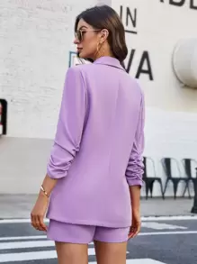 SHEIN Privé Shawl Collar Ruched Cuff Blazer & High Waist Shorts - Lilac Purple - View 2