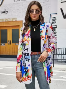 SHEIN Clasi Slogan & Graffiti Print Single Button Blazer