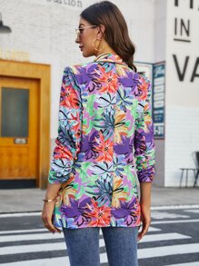 SHEIN LUNE Floral Print Shawl Collar Ruched Sleeve Blazer - Multicolor - View 2