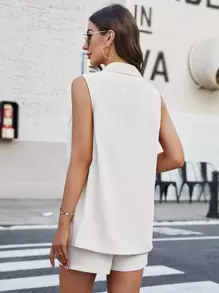 SHEIN Essnce Bộ âu phục nữ Nút đôi Túi màu trơn Thanh lịch - trắng - Xem 2