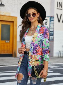 SHEIN LUNE Floral Print Shawl Collar Ruched Sleeve Blazer - Multicolor - View 3