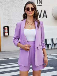 SHEIN Privé Shawl Collar Ruched Cuff Blazer & High Waist Shorts - Lilac Purple - View 4