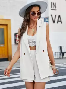 SHEIN Essnce Bộ âu phục nữ Nút đôi Túi màu trơn Thanh lịch - trắng - Xem 4