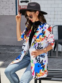 SHEIN Clasi Slogan & Graffiti Print Single Button Blazer