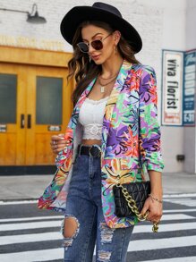 SHEIN LUNE Floral Print Shawl Collar Ruched Sleeve Blazer - Multicolor - View 6