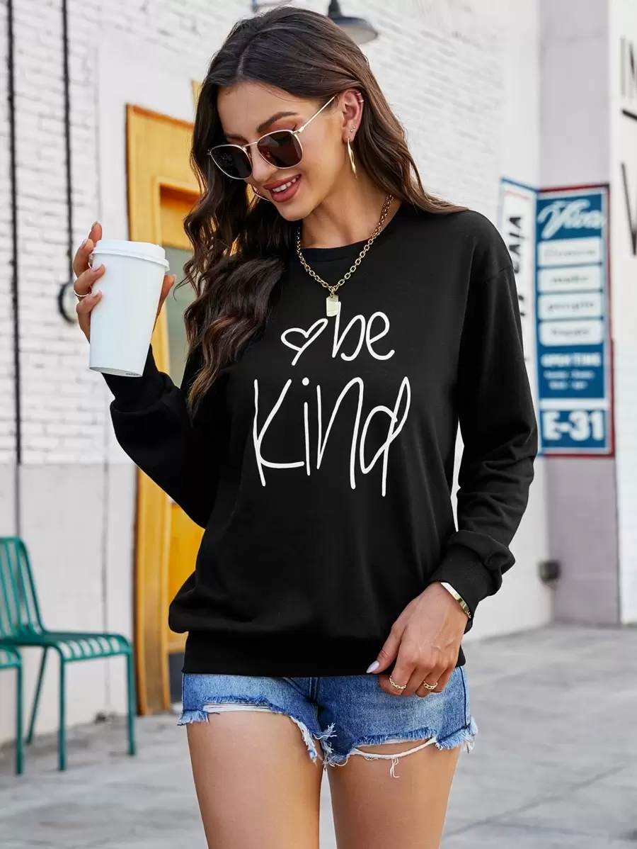 SHEIN LUNE Heart & Slogan Graphic Drop Shoulder Sweatshirt - Black - View 1