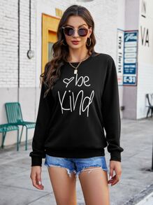 SHEIN LUNE Heart & Slogan Graphic Drop Shoulder Sweatshirt - Black - View 3