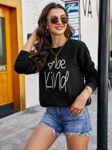 SHEIN LUNE Heart & Slogan Graphic Drop Shoulder Sweatshirt - Black - View 5