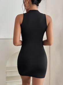 SHEIN PETITE Solid Sleeveless Bodycon Mini Summer Dress - Black - View 2