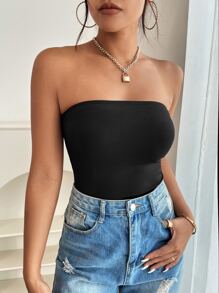 SHEIN PETITE Top bandeau unicolor - Negro - Ver 3