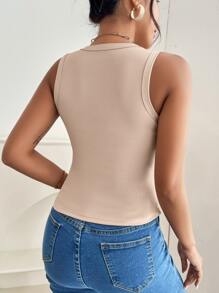 SHEIN PETITE Áo hai dây Gân đan màu trơn Giải trí - Màu Khaki - Xem 2