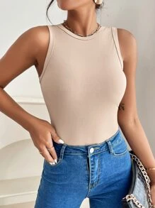 SHEIN PETITE Áo hai dây Gân đan màu trơn Giải trí - Màu Khaki - Xem 5
